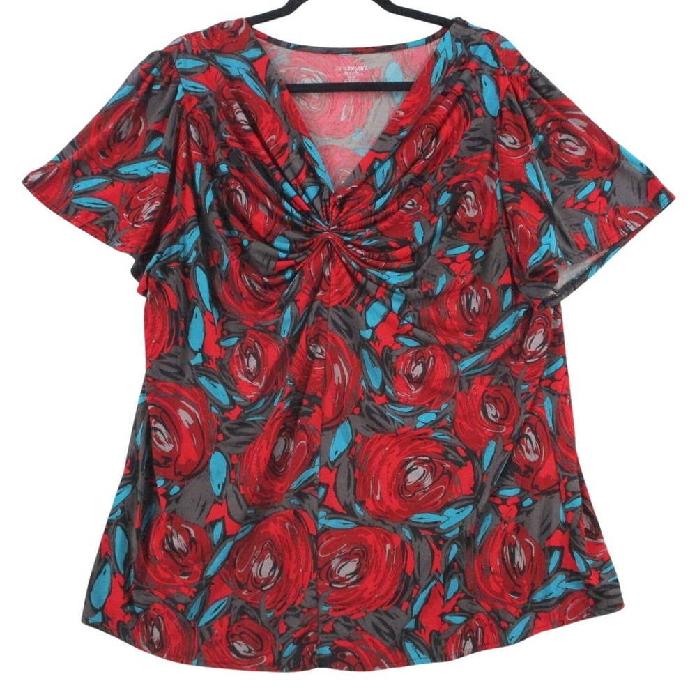 Lane Bryant Red Floral V-Neck Twist Front Short Sleeve Top Plus Size 18/20
